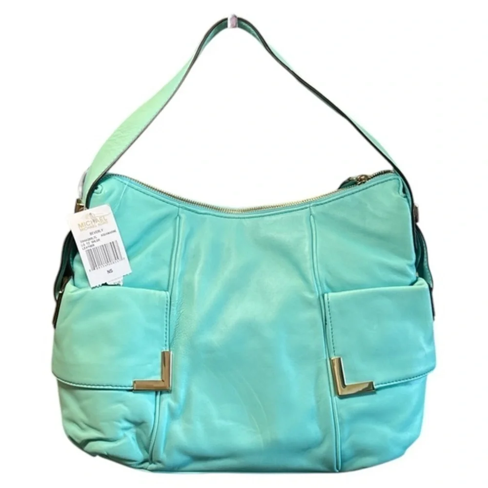NWT Michael Kors Beverly Leather Shoulder Bag Large Aquamarine Minor Defect